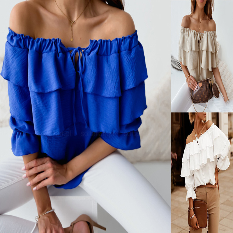 2024 Cross-border New Products One-character Collar Pullover Chiffon Lace-up T-shirt Casual Loose Ruffled Short-sleeved Top Women's Clothing