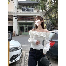 小众设计感纯欲一字领长袖白衬衫2025春季新款甜辣修身显瘦上衣潮