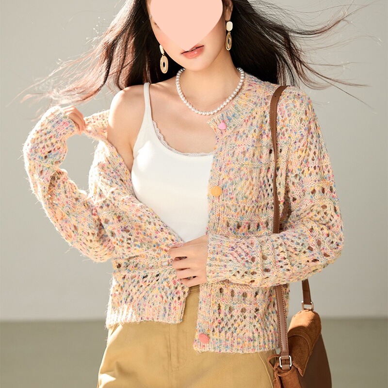 Real shot ◆ Sweet mesh knit cardigan for women, 2026 autumn new style, rainbow button outerwear, apricot color