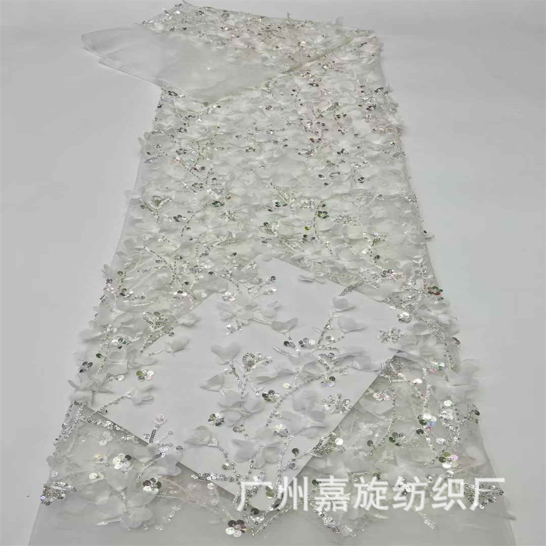 Telas 3D estéreo con encaje floral, tela de malla bordada con cuentas, tela bordada para vestido de novia.