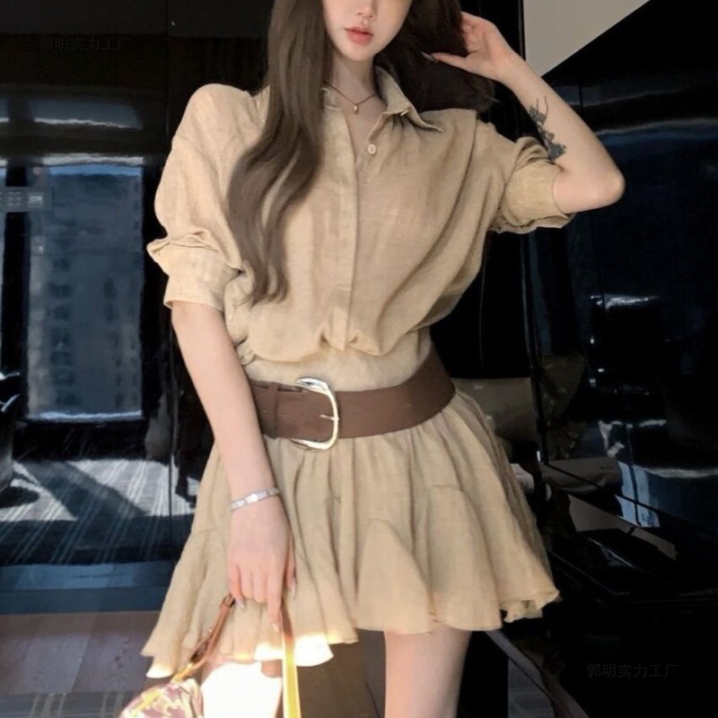 Khaki Elegant Collared Half-Sleeve Dress for Women, Summer Slim-Fit High-Waisted Shirt Dress, Slim-Fitting Short Skirt