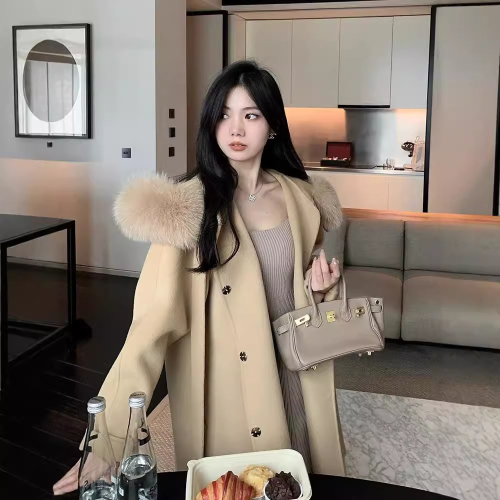 Demi-season double-sided cashmere long woolen jacket with bow with…