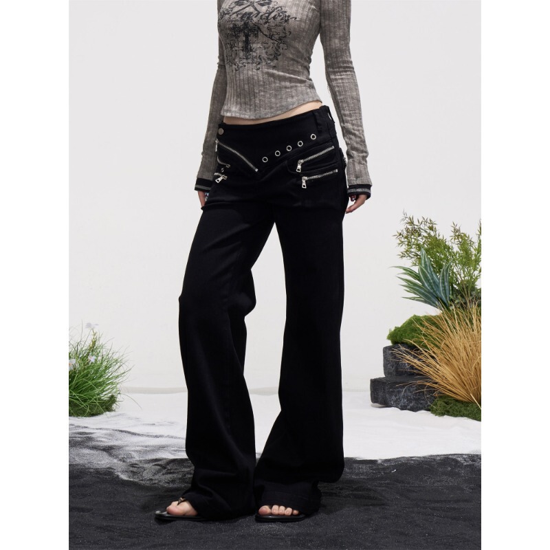 Y2K American-Style Low-Waist Flared Jeans for Men and Women, New Hot Girl Style with Metal Zipper Design, Black Slimming Long Pants