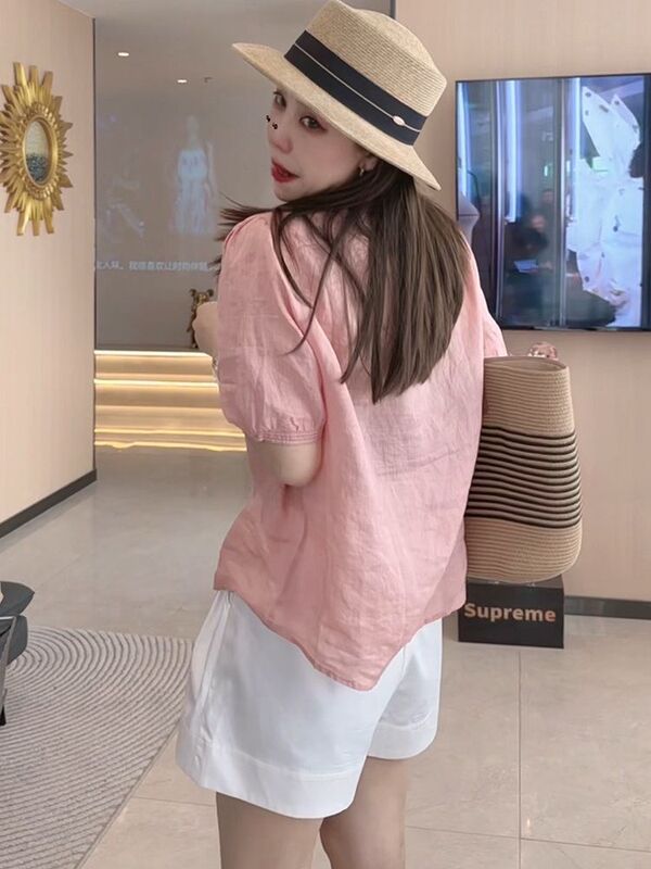 韓国風デザインの女性用半袖シャツ、夏の新しいゆったりとした痩身トップス、肉感をカバーする、シックで美しいラミーシャツ|undefined