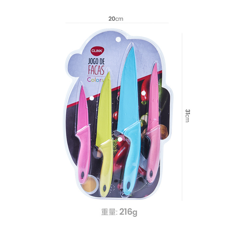 Cuchillo de color 4 piezas de paquete de tarjeta de absorción de mango multicolor cuchillo de pintura cuchillo de cocinero casero cuchillo de frutas cuchillo de regalo