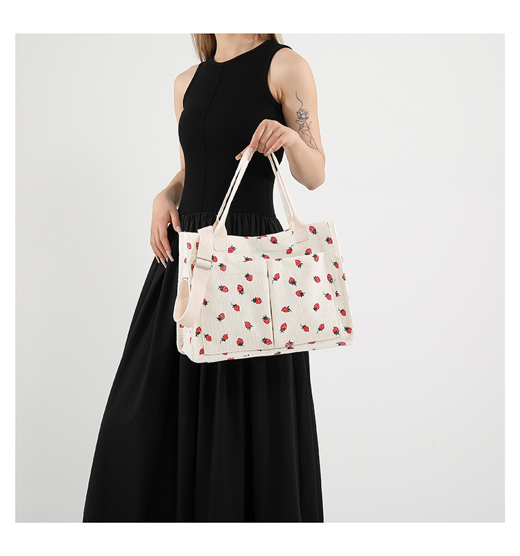 300g Weight Polyester Lining Material Zipper Closure Type Single Shoulder Strap Strap Type Tote Bag Bags Type Casual, School Occasion Corduroy Material Solid Color, Strawberry Pattern All Seasons Season Women's Gender Basic, Classic Style Style Square Shape Large Size Women's Large Corduroy Solid Color Strawberry Basic Classic Style Square Zipper Tote Bag 4