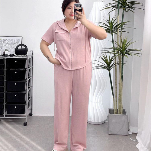 Summer Large 300 lbs Set Women Plus Size Hooded Short Sleeve Zip Up Top Slimming Casual Matchable Wide Leg Pants