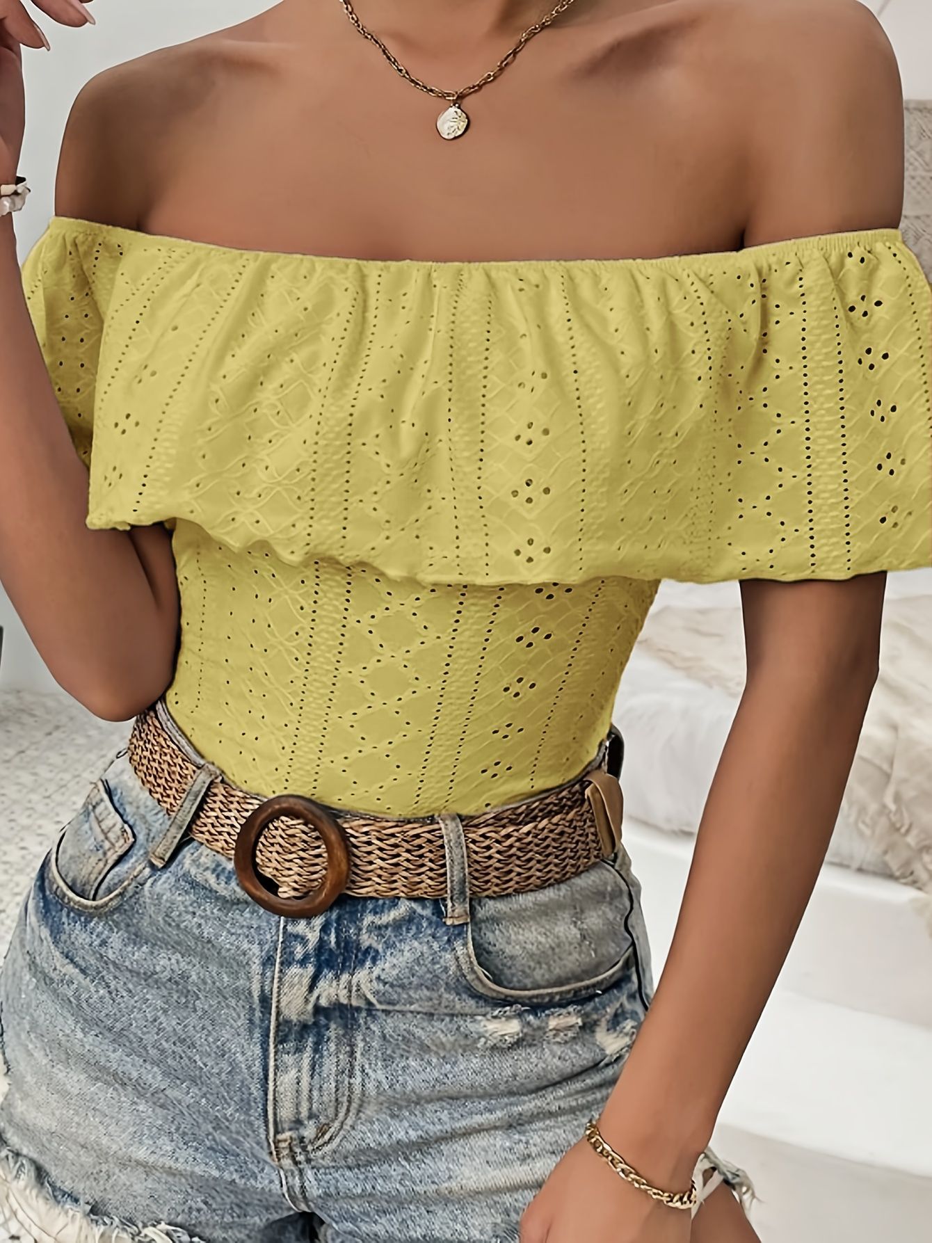 Sexy off the Shoulder Bodysuit for Women Hollowed out Jacquard Ruffle Details Bestseller Women's Jumpsuits And Rompers_ecoleips.com