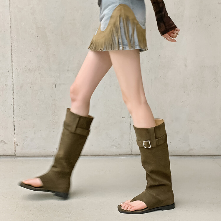 Boot nữ cổ cao ôm bắp chân da thật phong cách miền Tây — mơ, nâu chi tiết 26