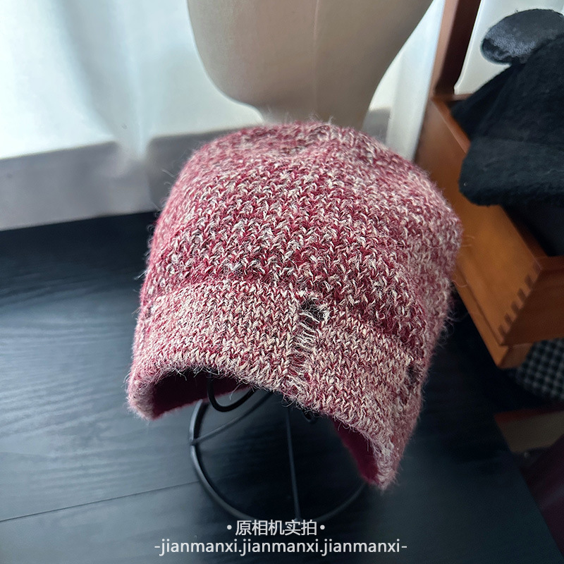 ins混色破洞毛线帽子女秋冬天韩版保暖百搭时尚盆帽网红针织帽潮|undefined