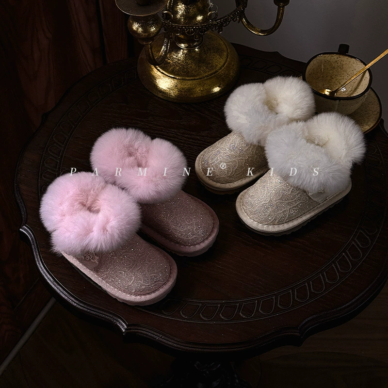 Зимние утепленные сапоги из меха кролика на флисе, новинка 2025 года, для мальчиков и девочек, с пайетками, хлопковые, для девочек, восточноевропейский стиль