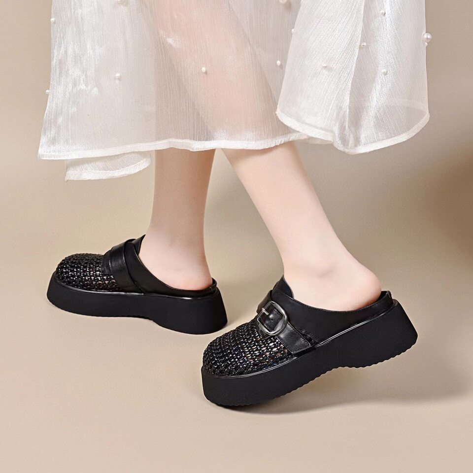 Dép nữ đế dày mũi kín khoét lỗ da thật kiểu Birkenstock — đen chi tiết 7