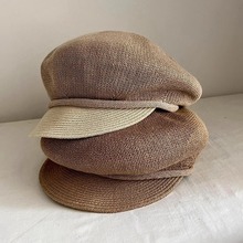 出口日本鸭舌帽明星款贝雷帽时尚透气亚麻针织拼草编画家帽八角帽