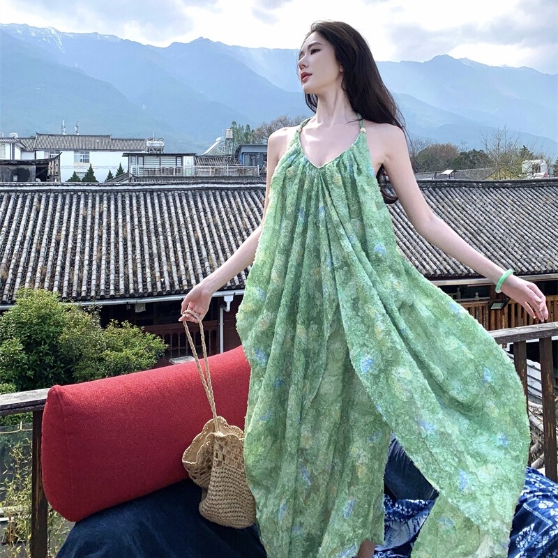 Butterfly Resort Style Printed Strap Dress for Women, Summer Elegant Long Dress, Butterfly Strap Dress