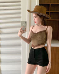 Cross-border European and American style lace trim retro brown backless V-neck strapless vest women's top sleeveless top 