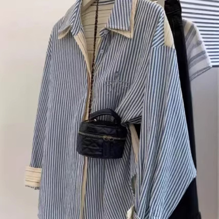 Striped Straight-Shoulder Faux Two-Piece Shirt Jacket for Women, Spring and Autumn, Korean Style, High-End Feel, Petite Long-Sleeve Shirt Top
