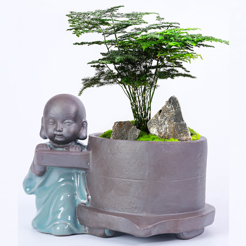 Small monk landscape bonsai flowerpot asparagus fleshy Chinese style coarse pottery ceramic orchid soil interesting fortune tree special