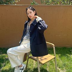 2025早秋新款 正反两穿 袖口拼接条纹设计感知识分子翻领风衣外套