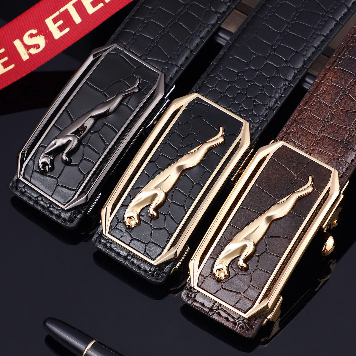 Nuevo cinturón de los hombres patrón de cocodrilo cuero genuino hebilla automática sin dientes todo partido cinturón de los hombres jóvenes y de mediana edad casual pantalones de negocios cinturón