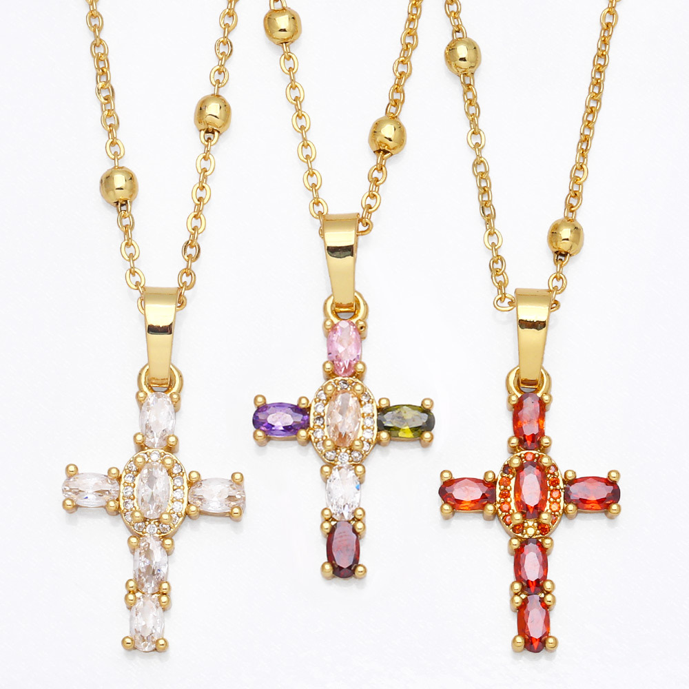 Fashion Cross Shaped Pendant Micro-set Colorful Gem Zircon Necklace display picture 1