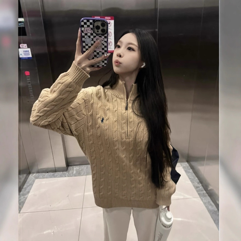Cross-Border Rl Half-Zip Stand-Up Collar Pony Embroidered Logo Knitwear Pure Color Twist Pullover Knitwear Couple Style