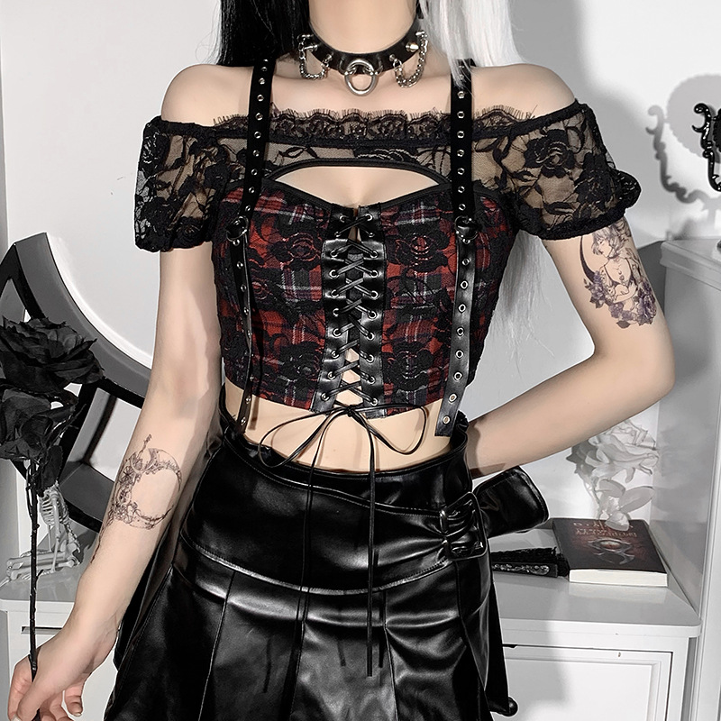 Gothic Style Lace See-Through Strap Mesh Lattice Top NSGYB111786