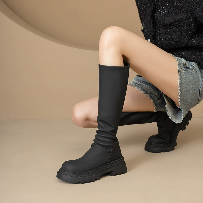 2025 осенне-зимние новые популярные женские ботинки для девушек, эластичные узкие ботинки на толстой подошве для маленьких людей, увеличивающие рост и тонкие высокие рыцарские сапоги