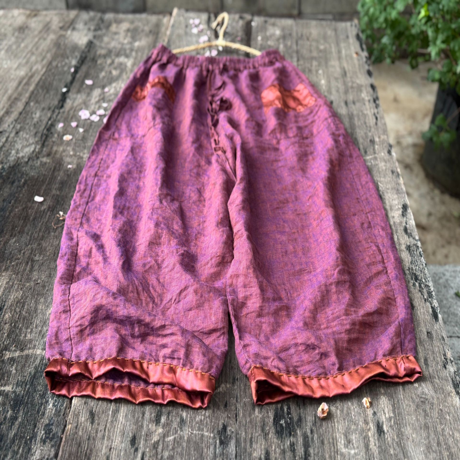 4498高品质色织亚麻松紧腰阔腿长裤做旧拼布手工缝线春秋款休闲裤