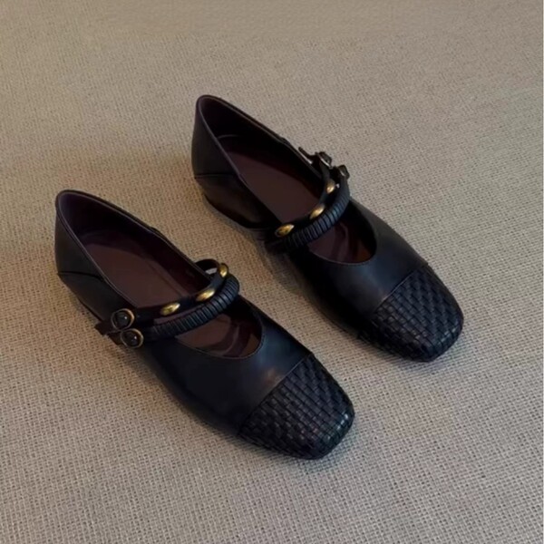 Retro woven autumn Mary Jane shoes square toe with a strap low-cut