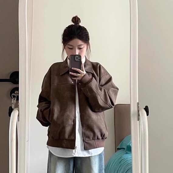 美式复古棕色翻领皮衣外套女2025秋季新款美拉德高级感皮夹克上衣|undefined
