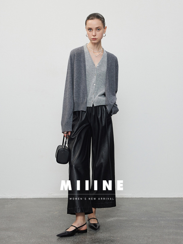 Miiine叠穿假两件V领灰色撞色开衫外套 羊毛针织衫初秋独特上衣|undefined