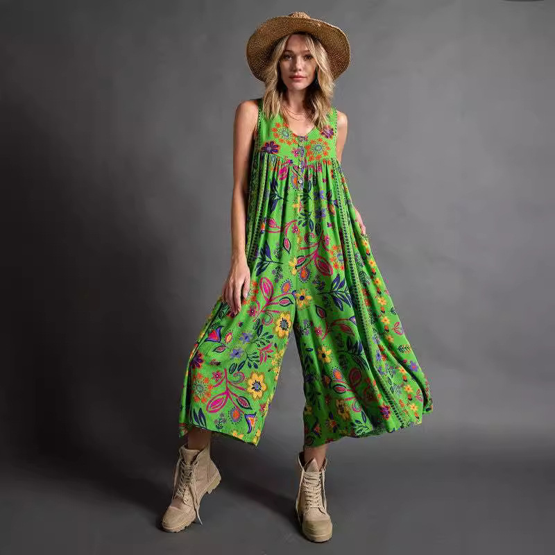 2024 New Summer Style European and American Export Women's Clothing Amazon Independent Station Retro Printed Loose Sleeveless Jumpsuit