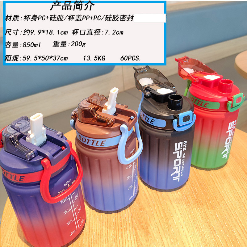 Verano al por mayor de alto valor visual botella de agua deportiva al aire libre esmerilado color gradiente portátil taza de agua de plástico de mano