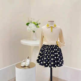 秋款女大童衫撞色翻领绵羊毛花边毛衣长袖木耳边套衫