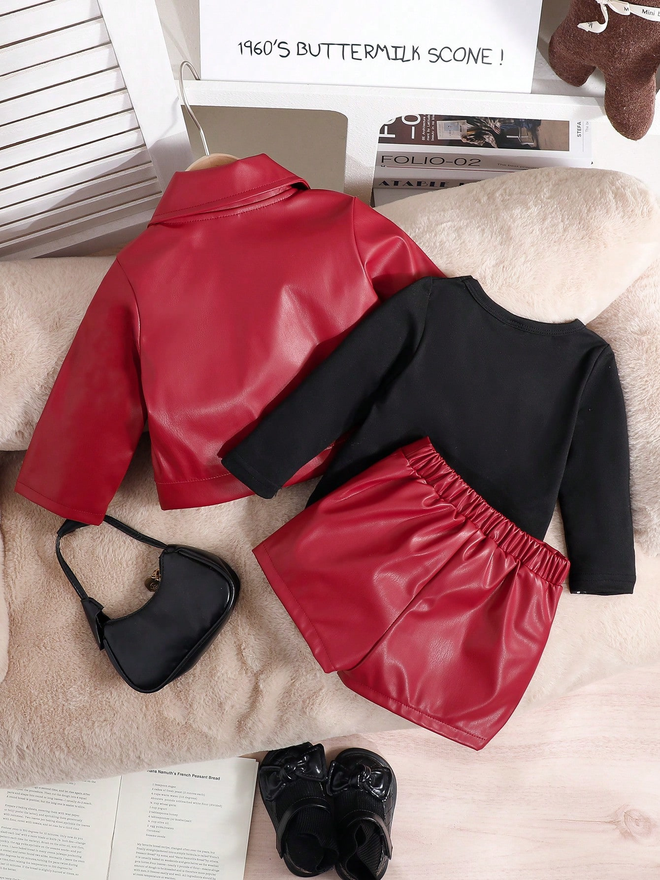 Dreiteiliges Set im koreanischen Stil für Mädchen, Herbst/Winter, hochwertige Motorradbekleidung aus PU-Leder mit Revers, Kleinkinderkleidung (3-7 Jahre)_voghion.com