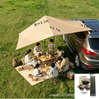 Car rear tent canopy, Avtomobil yan çətirləri - khaki-silver-tape-27-31m-rod-s-hook-suction-cup-27-31m