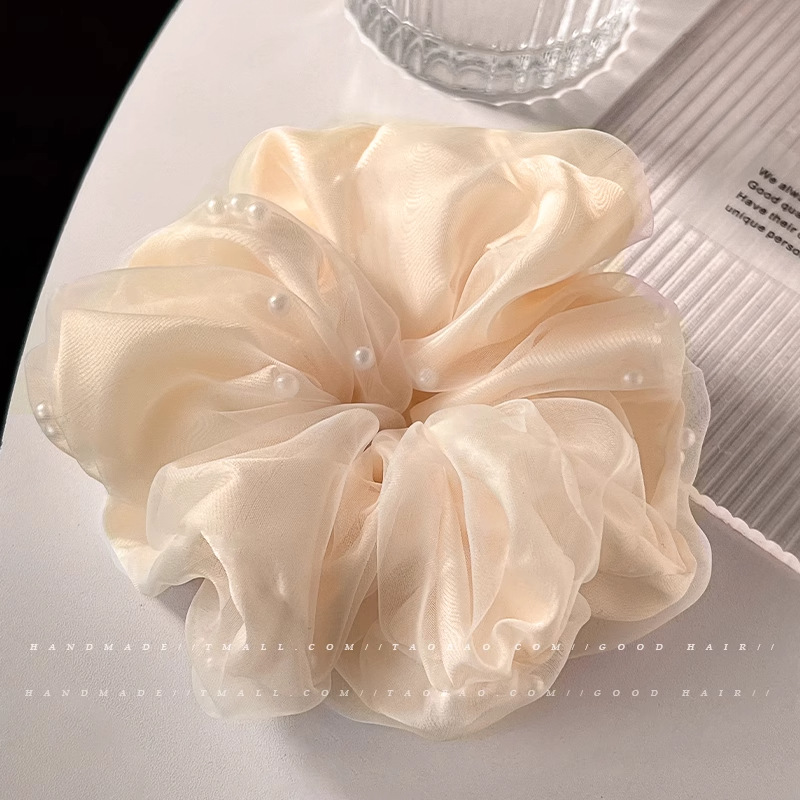 Primavera y verano, esbeltas nubes de color crema francesa de alta calidad, lazo para el cabello grande, cola de caballo, lazo de intestino grueso, tocado, flor para la cabeza