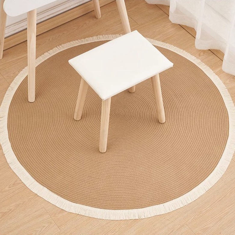 Retro Woven Tassel Carpet Coffee Table Mat Bedroom Bedside Rug Living Room Sofa Round Rug Handmade Craft