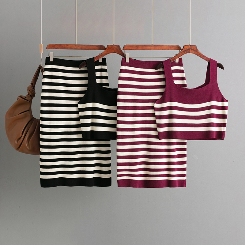 246g Weight Sleeveless Sleeve Length Ice Silk Fabric Type Leisure Suit Sets Type Daily Occasion Collarless Neckline Contrast Binding Function Slim Fit Type Stripes/Plaid Pattern Summer Season Women's Gender Basic, Commute style Style Daily Women's Basic Commute Style Stripes/Plaid Ice Silk Leisure Suit Skirt Sets 1