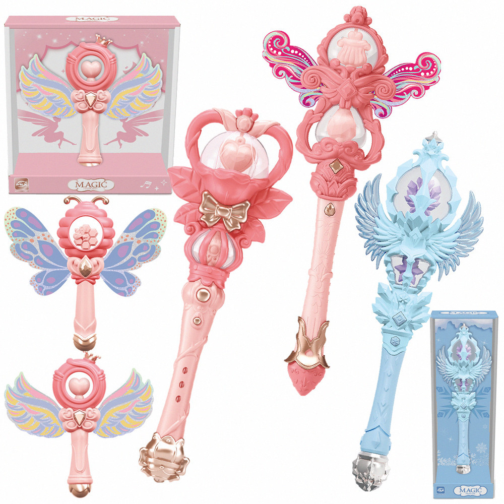 跨境新品希腊女神花束冰雪透明翅膀电动双转魔法棒女孩儿童玩具
