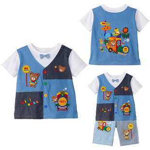 in stock mk children's clothing summer new boys and girls cartoon train bear color matching short sleeve fake two-piece T-shirt