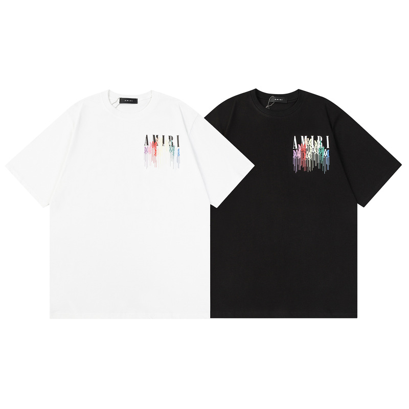 New Am1R1 Colorful Drip Letter Print Round Neck Short-Sleeve Unisex Casual Loose T-Shirt Trendy