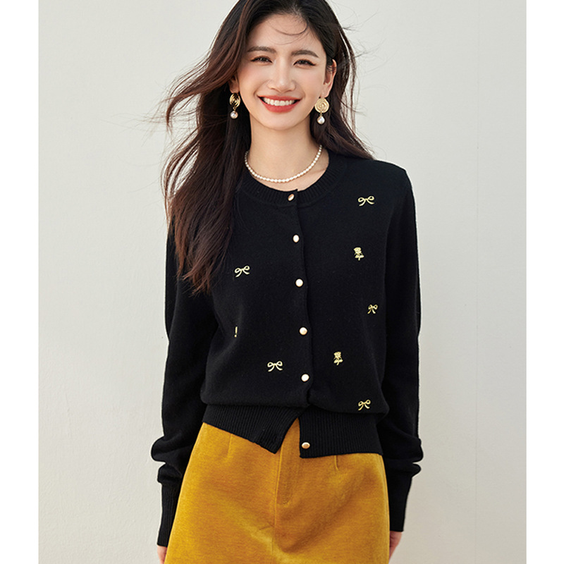 2025秋冬新款女装蝴蝶结花朵刺绣女士针织衫气质开衫外套女A7418|undefined