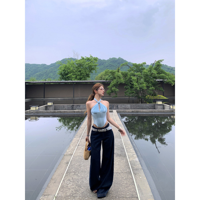 Sexy Halter Neck Corset with Waist-Cinching Straps + Vintage Low-Waist Wide-Leg Denim Pants Set for Women