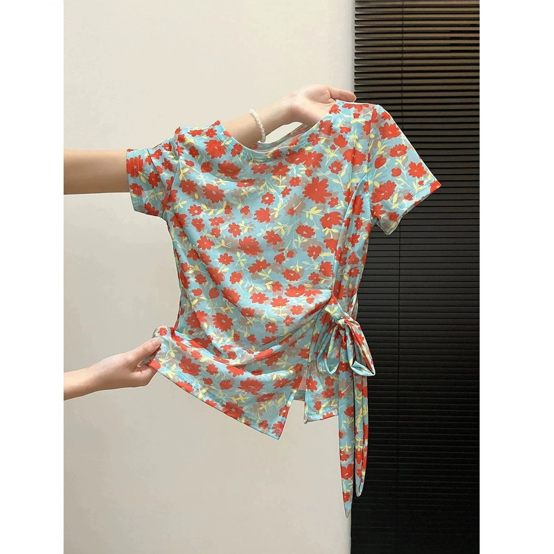 2026 Summer Floral Short-Sleeved T-Shirt for Women, High-End Lace-Up Thin Double-Layer Mesh French Retro Top