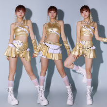 金色啦啦队演出服女套装性感嘻哈街舞服装爵士舞蹈服女团打歌服