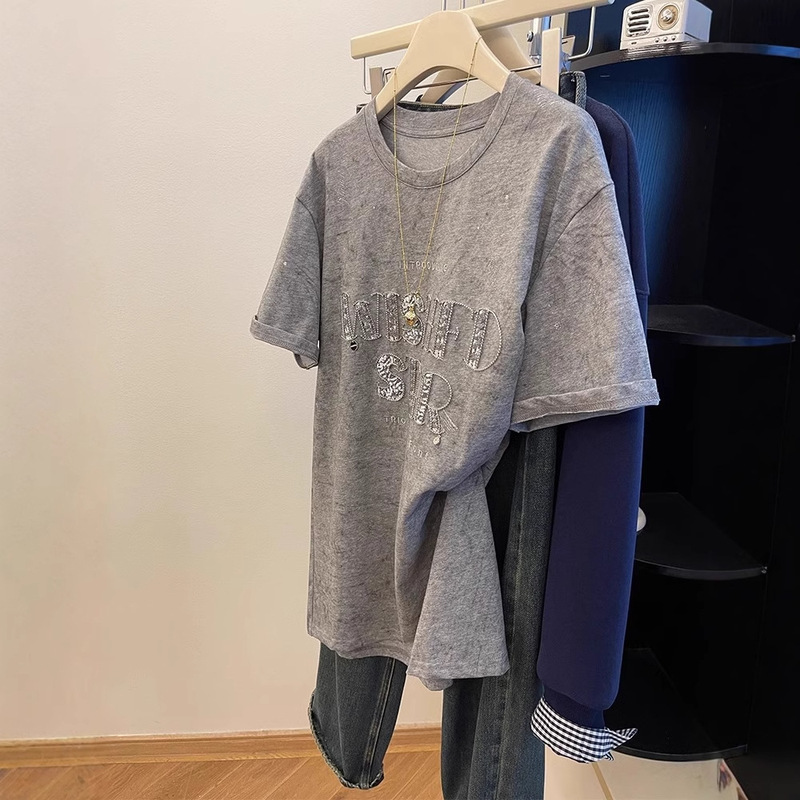 Counter Withdrawal ~ Cut Label Counter Grey Tie-Dye Sequin Embroidered Short Sleeve T-Shirt Women's Slack Backing Top