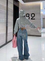 2025欧美慵懒个性牛仔裤子女气质宽松阔腿字母印花做旧牛仔裤潮女