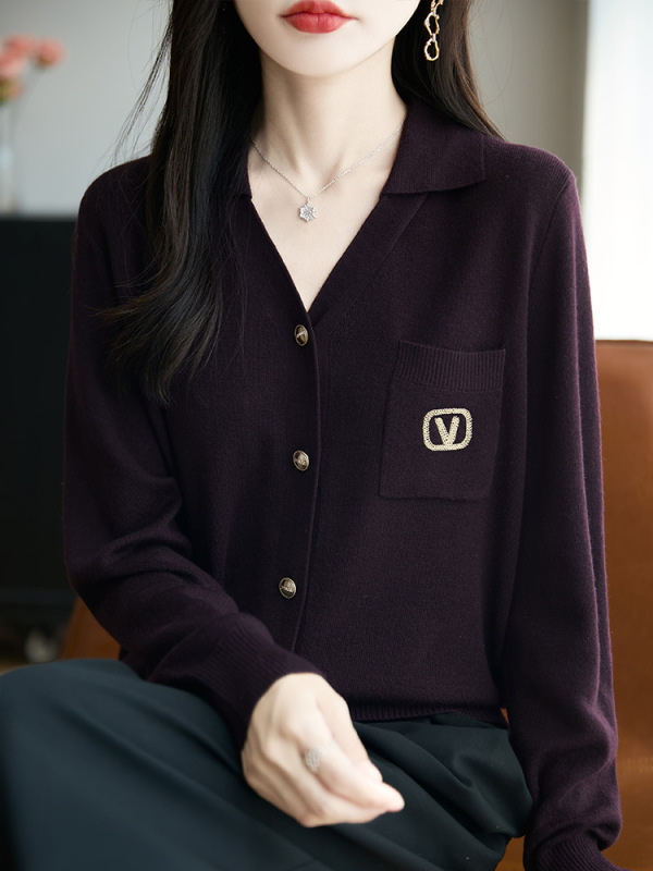 2025新款V领羊毛针织开衫女气质通勤外套上衣|undefined