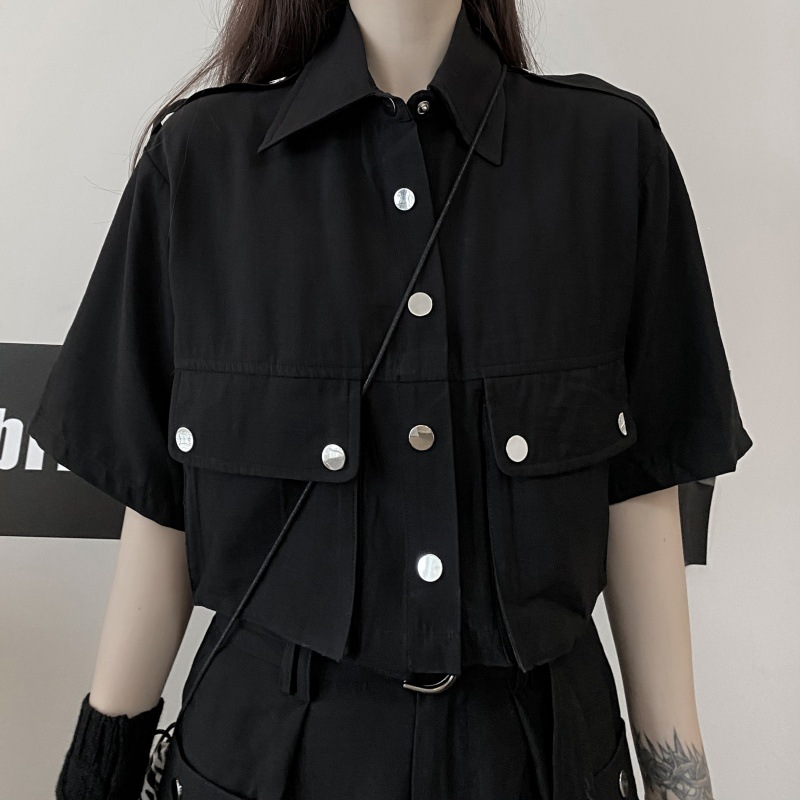 리얼 샷 디아블로 툴링 세트 여자 2021 년 여름 블랙 슬림 셔츠 높은 허리 넓은 다리 반바지 투피스 세트